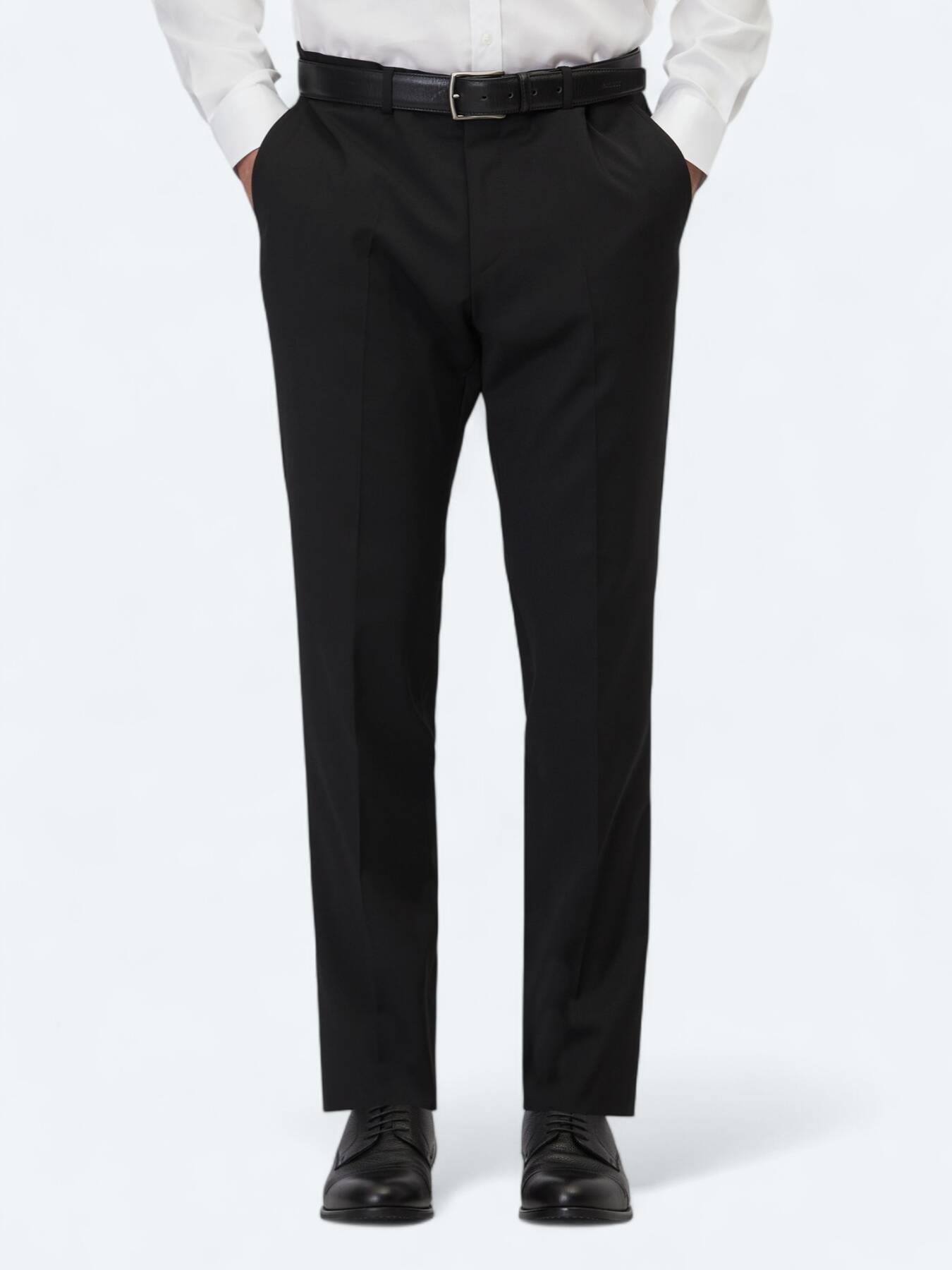 Siyah Düz Dokuma Slim Fit Klasik Yün Karışımlı Pantolon