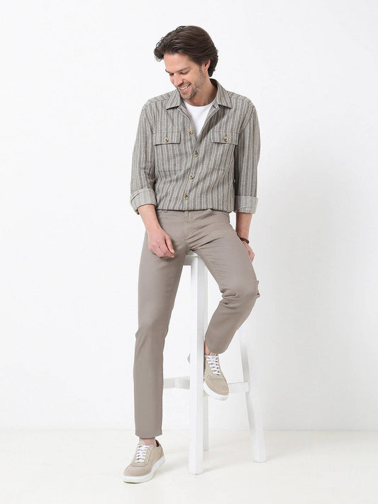 Haki Düz Dokuma Regular Fit Casual Pamuk Karışımlı Pantolon