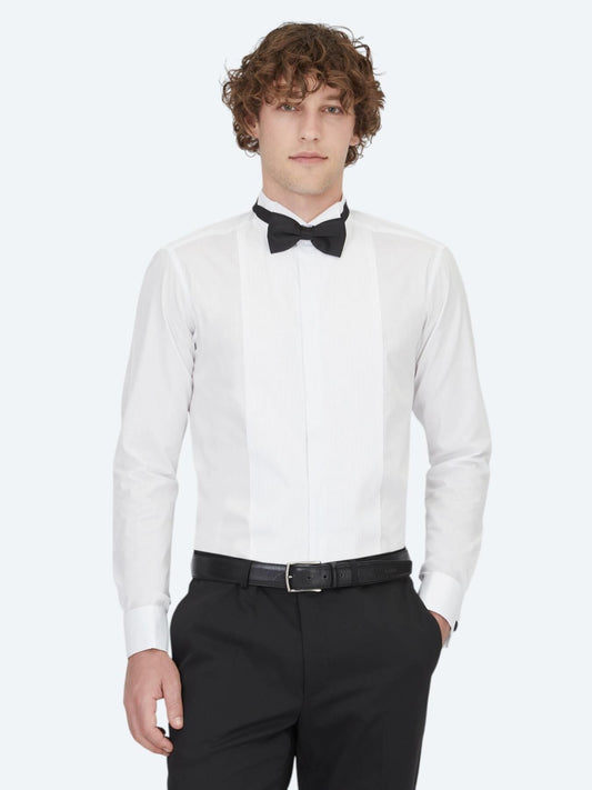 Beyaz Düz Slim Fit Duble Manşet Smokin Gömlek