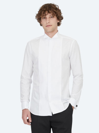 Beyaz Düz Slim Fit Duble Manşet Smokin Gömlek