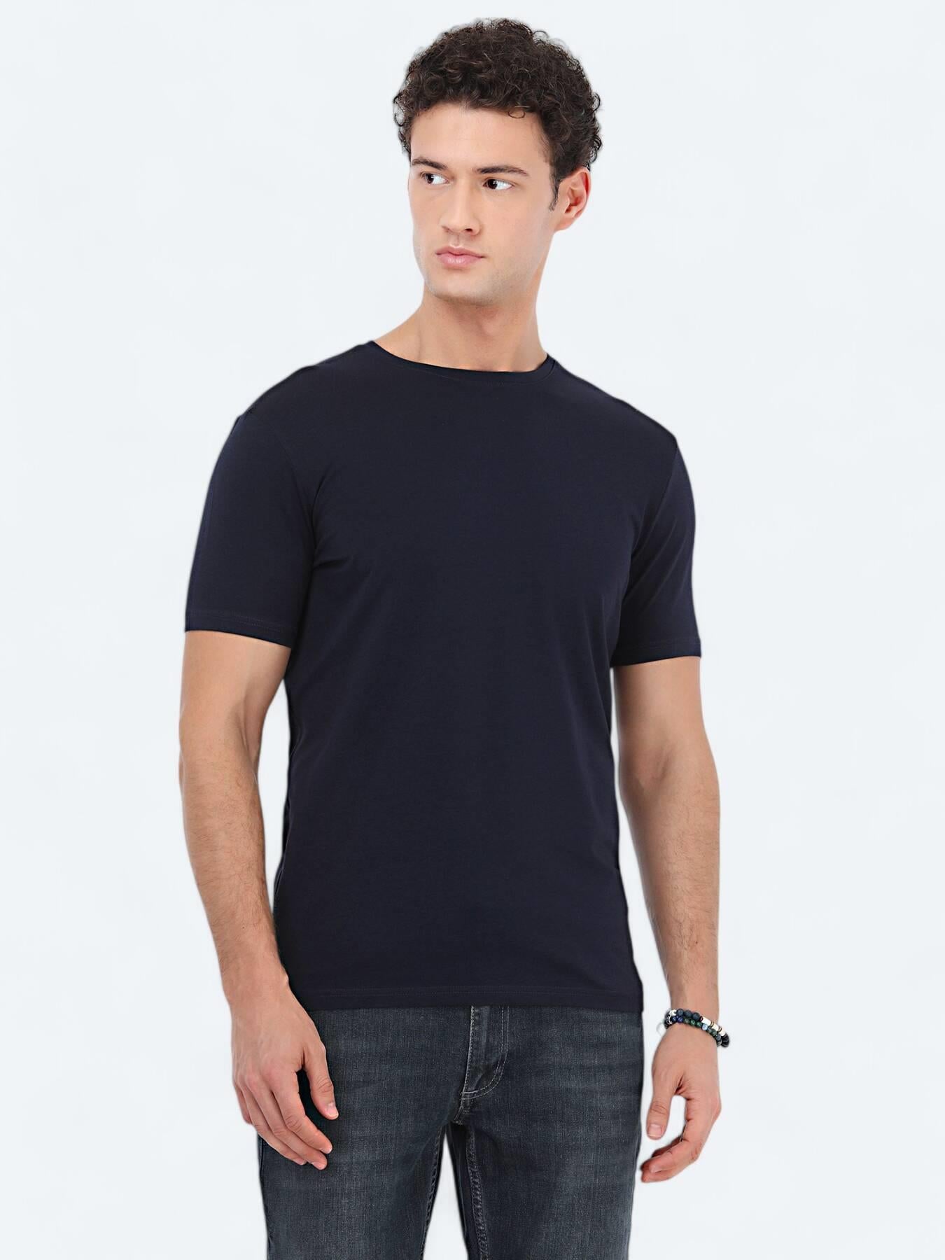 Lacivert Bisiklet Yaka Pamuk Karışımlı T-shirt