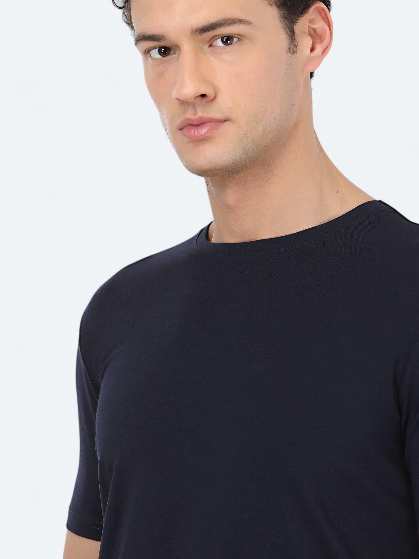 Lacivert Bisiklet Yaka Pamuk Karışımlı T-shirt