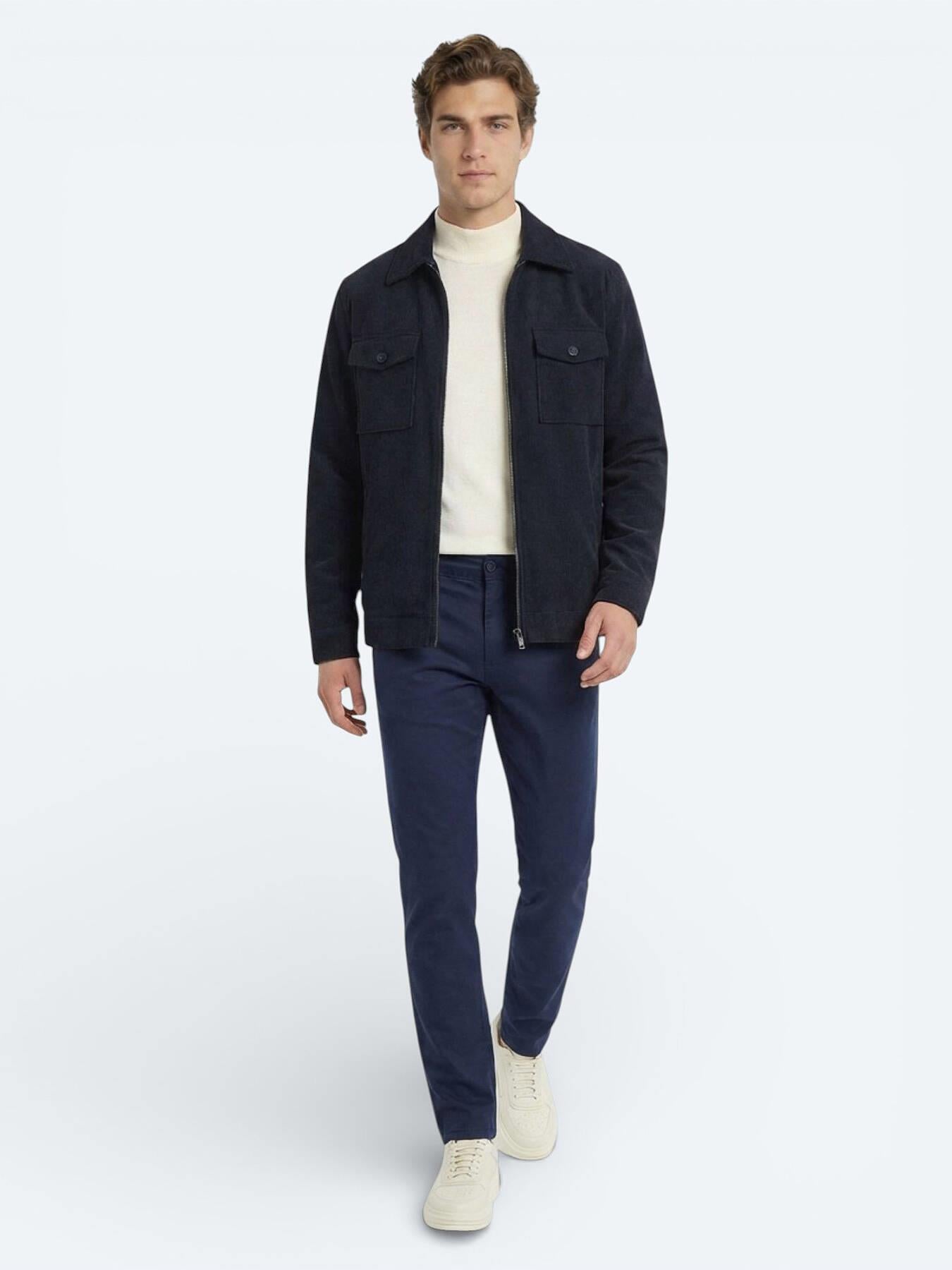 Gece Mavisi Düz Dokuma Slim Fit Casual Pamuk Karışımlı Pantolon