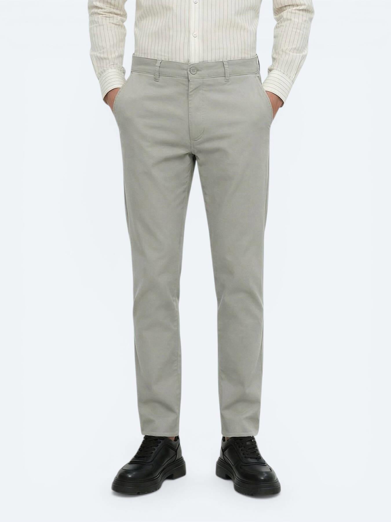 Açık Haki Düz Dokuma Slim Fit Casual Pamuk Karışımlı Pantolon