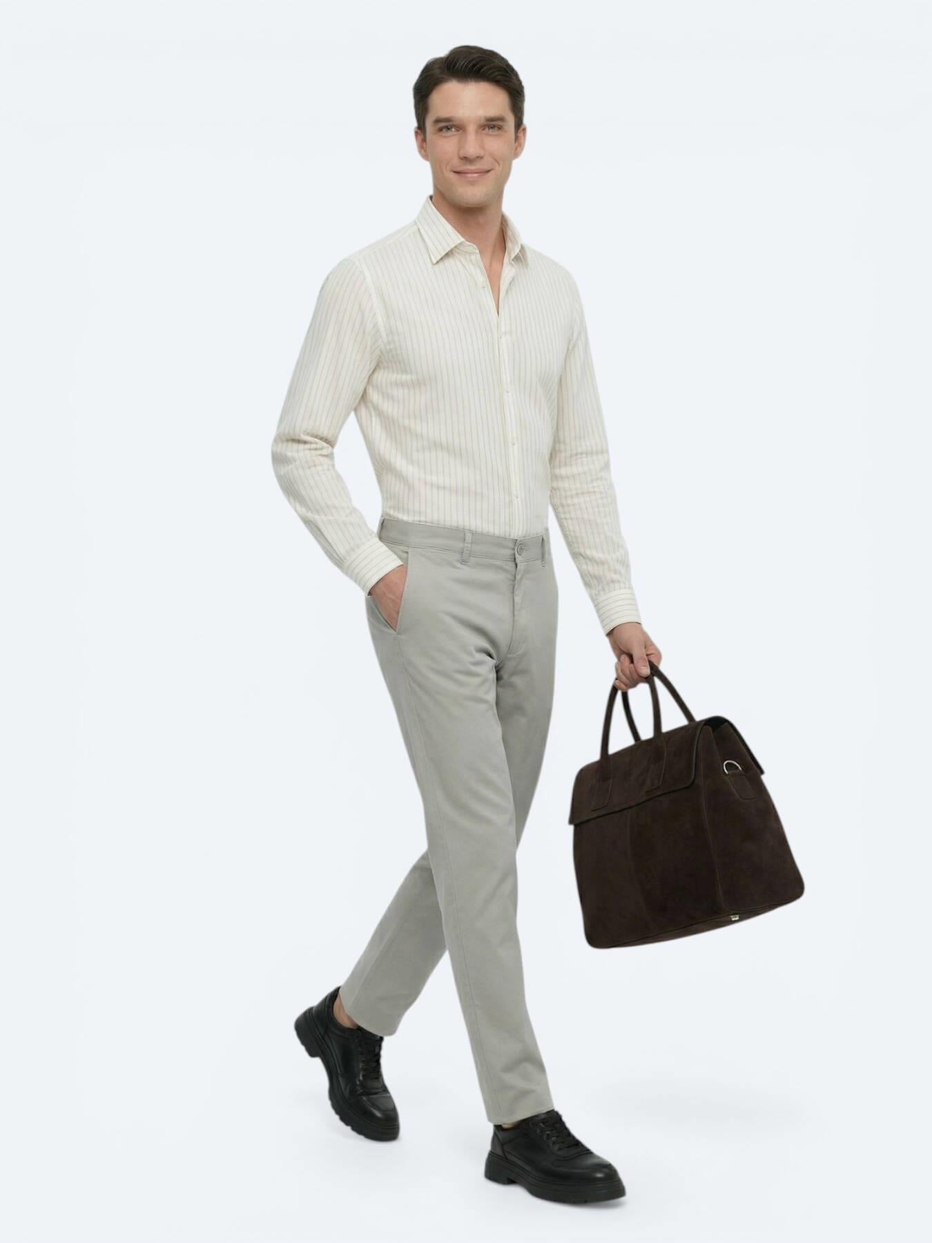Açık Haki Düz Dokuma Slim Fit Casual Pamuk Karışımlı Pantolon