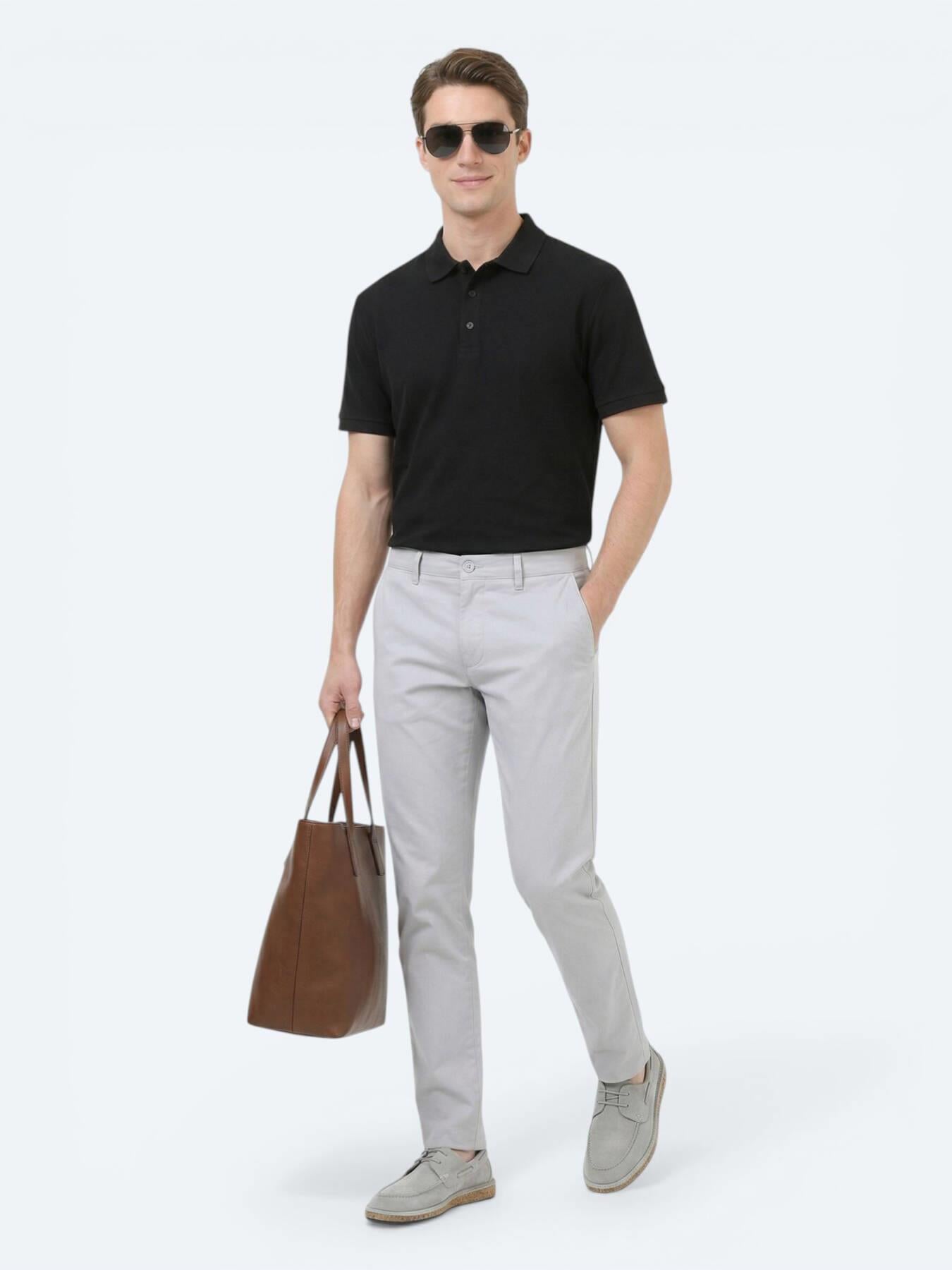 Açık Gri Düz Dokuma Slim Fit Casual Pamuk Karışımlı Pantolon