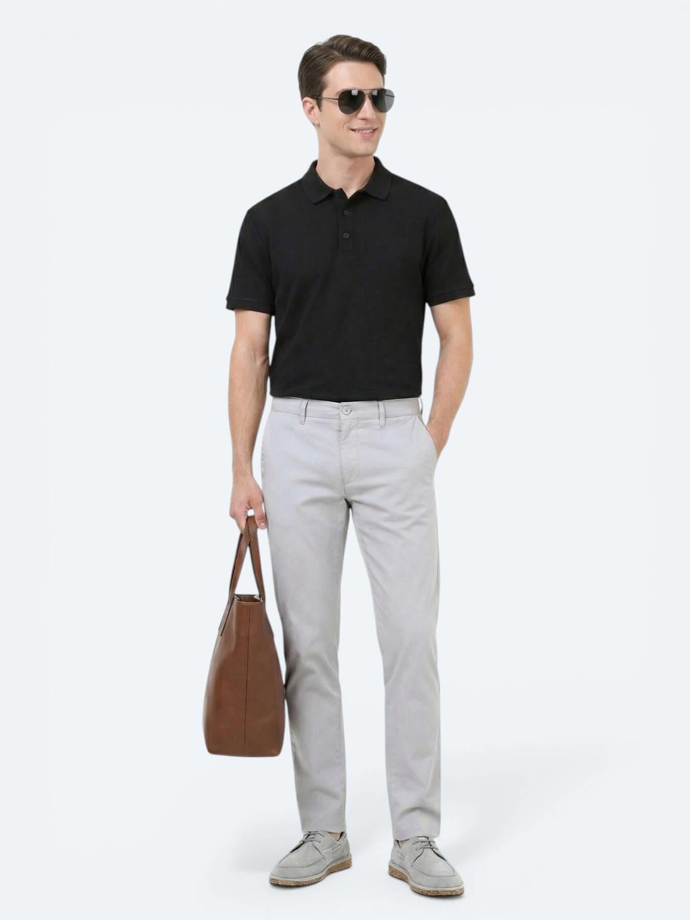 Açık Gri Düz Dokuma Slim Fit Casual Pamuk Karışımlı Pantolon
