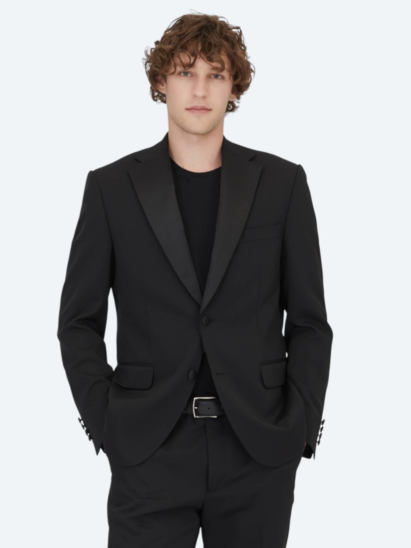 Siyah Modern Fit Çıkarılabilir Mono Yaka Dokuma Smokin Takım Elbise