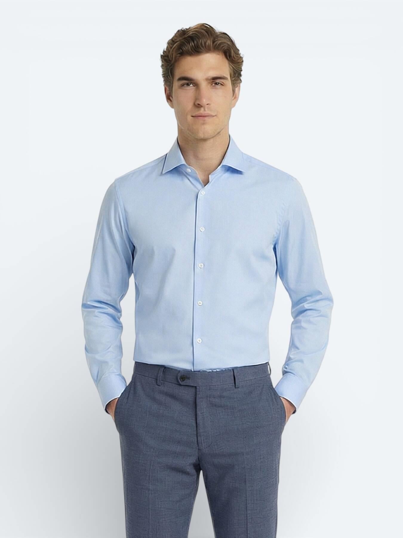 Mavi Düz Slim Fit Uzun Dokuma Klasik %100 Pamuk Gömlek