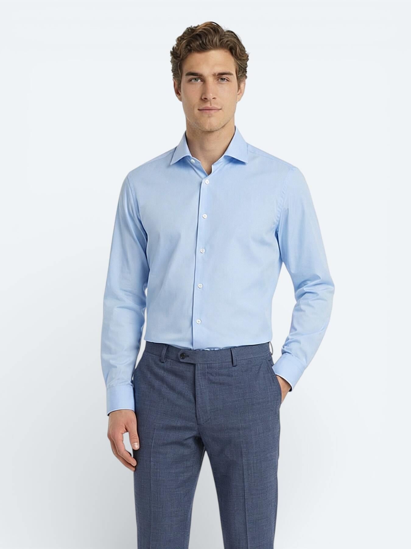 Mavi Düz Slim Fit Uzun Dokuma Klasik %100 Pamuk Gömlek