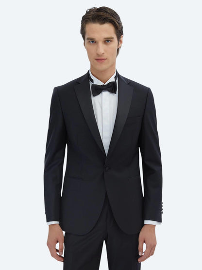 Siyah Düz Slim Fit Şal Yaka Dokuma Smokin Takım Elbise