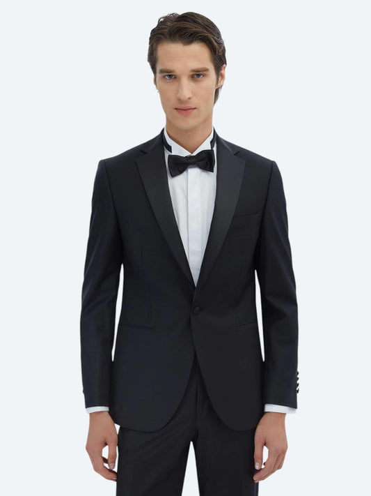 Siyah Düz Slim Fit Şal Yaka Dokuma Smokin Takım Elbise