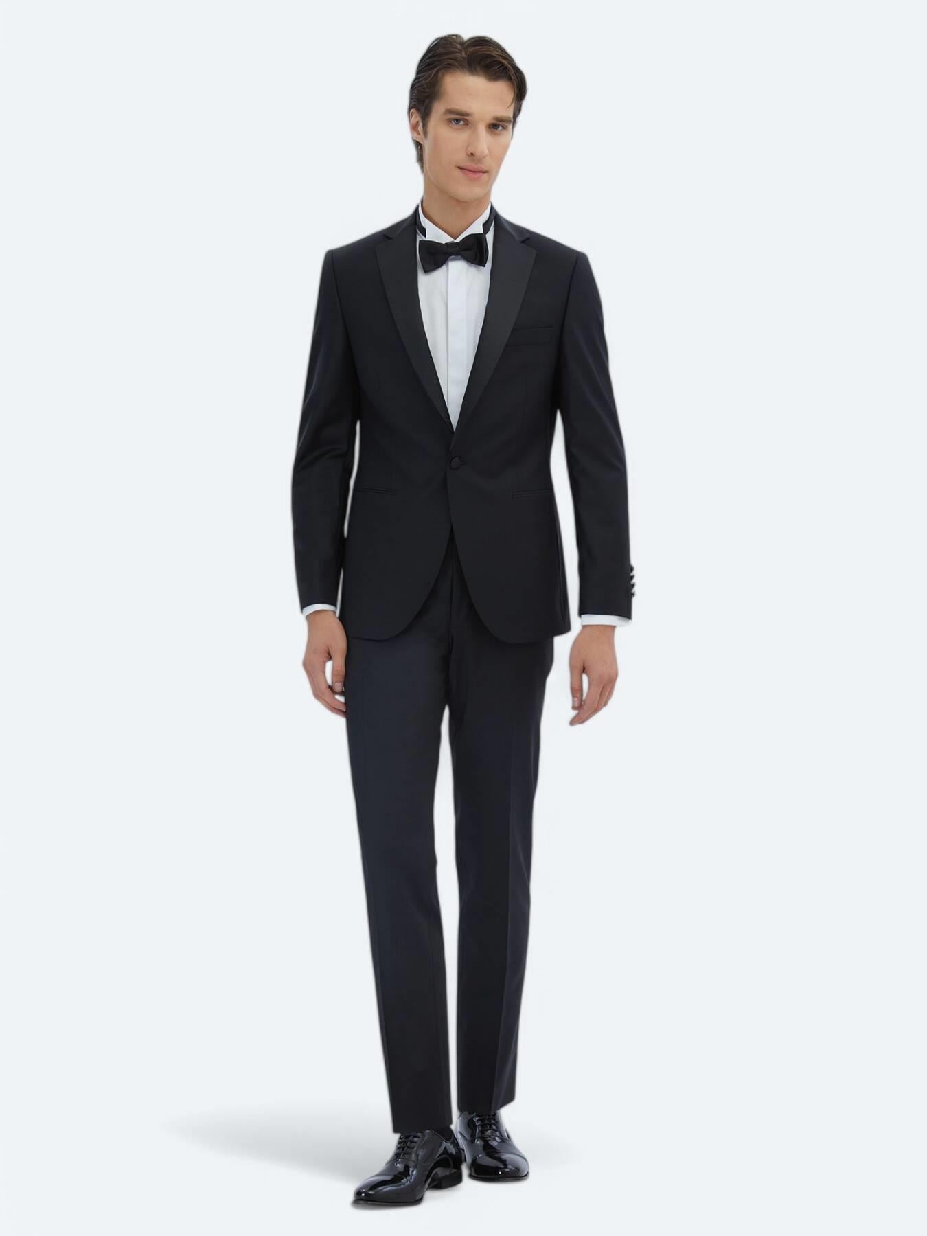 Siyah Düz Slim Fit Şal Yaka Dokuma Smokin Takım Elbise