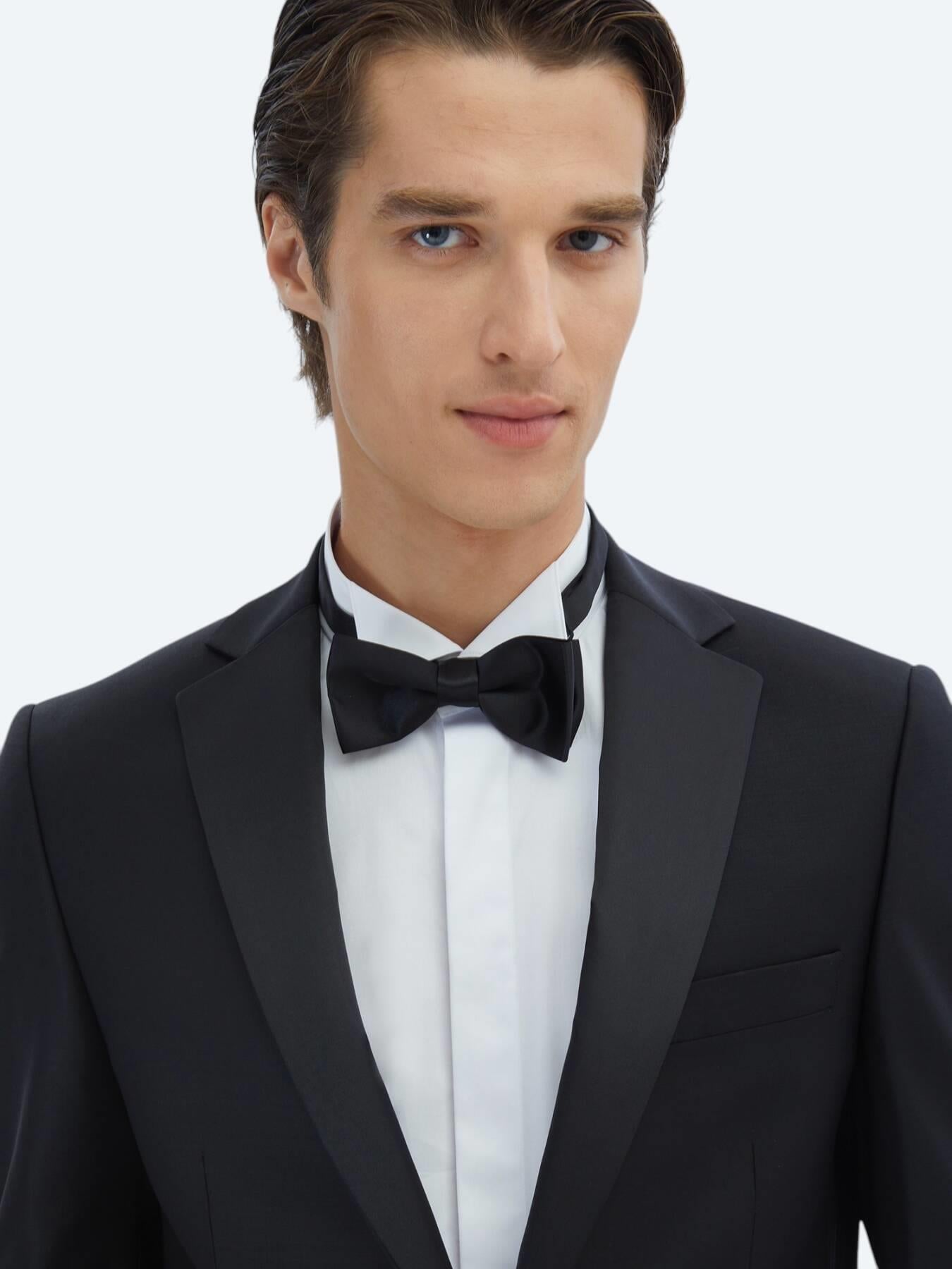 Siyah Düz Slim Fit Şal Yaka Dokuma Smokin Takım Elbise