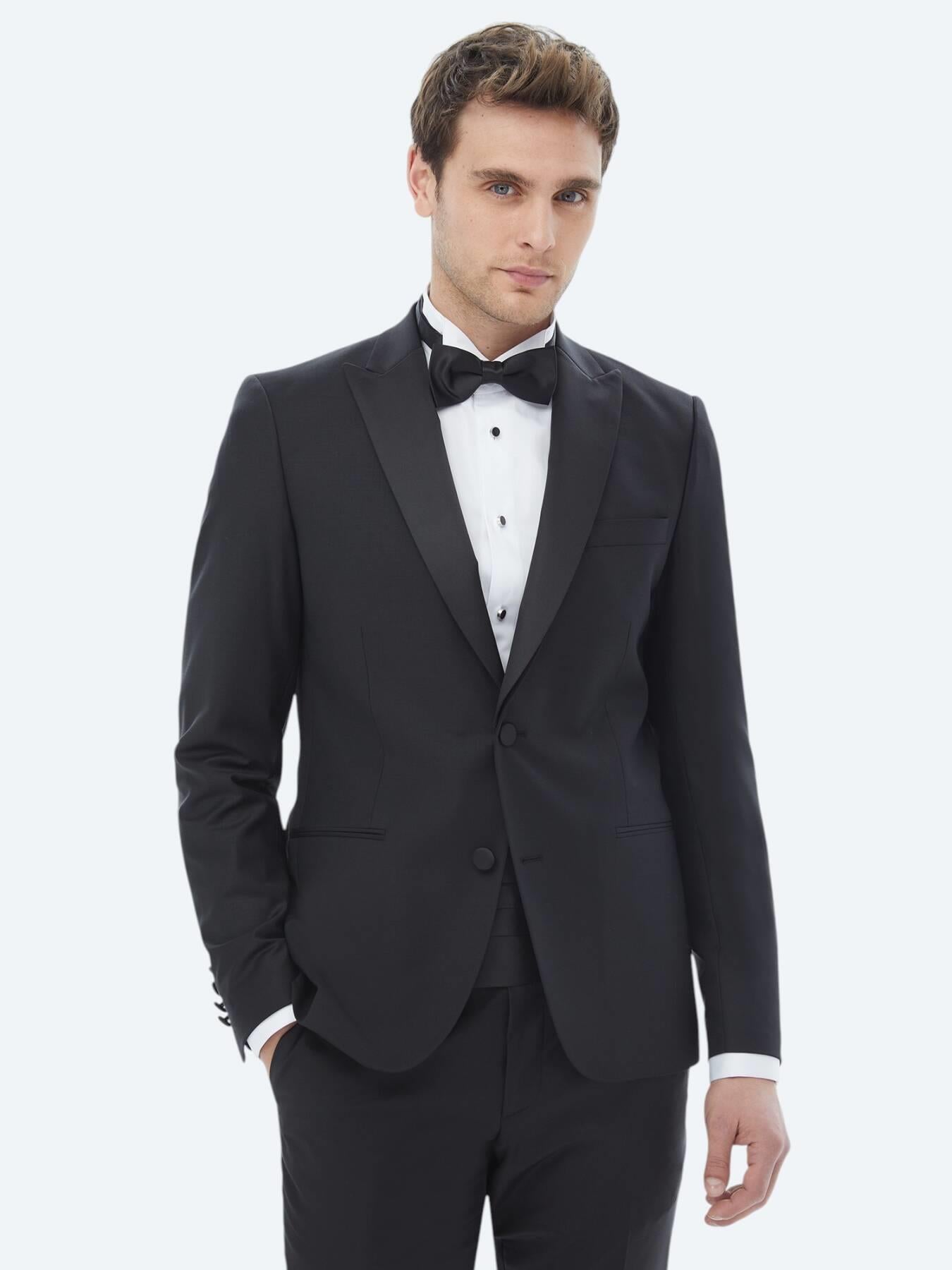 Siyah Düz Slim Fit Dokuma Smokin Takım Elbise