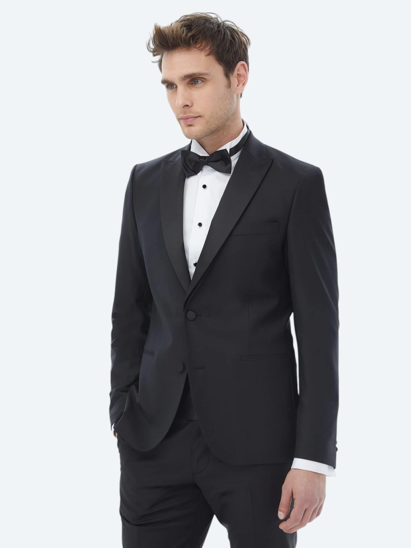 Siyah Düz Slim Fit Dokuma Smokin Takım Elbise