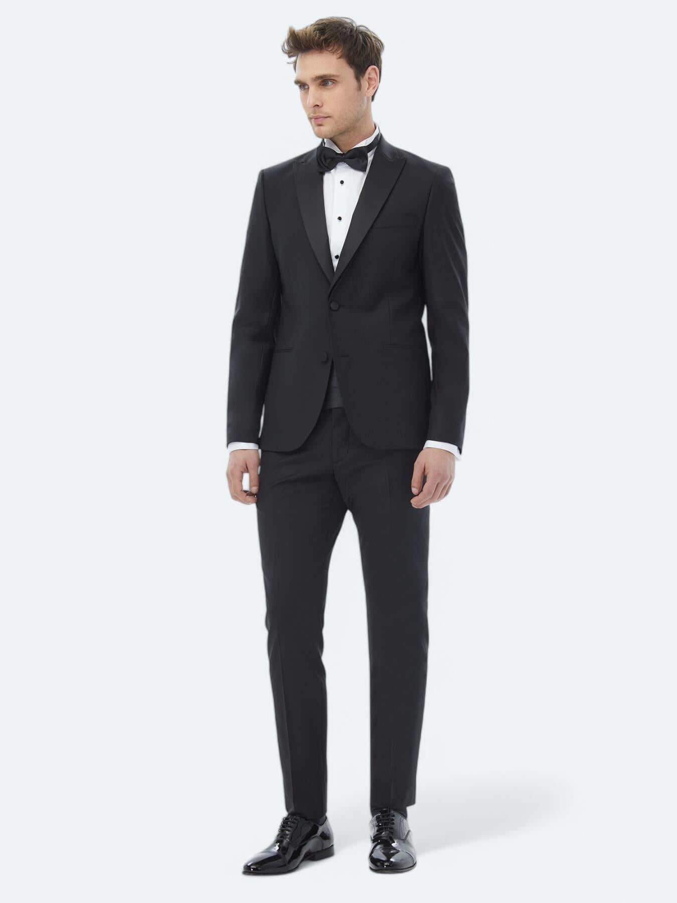 Siyah Düz Slim Fit Dokuma Smokin Takım Elbise