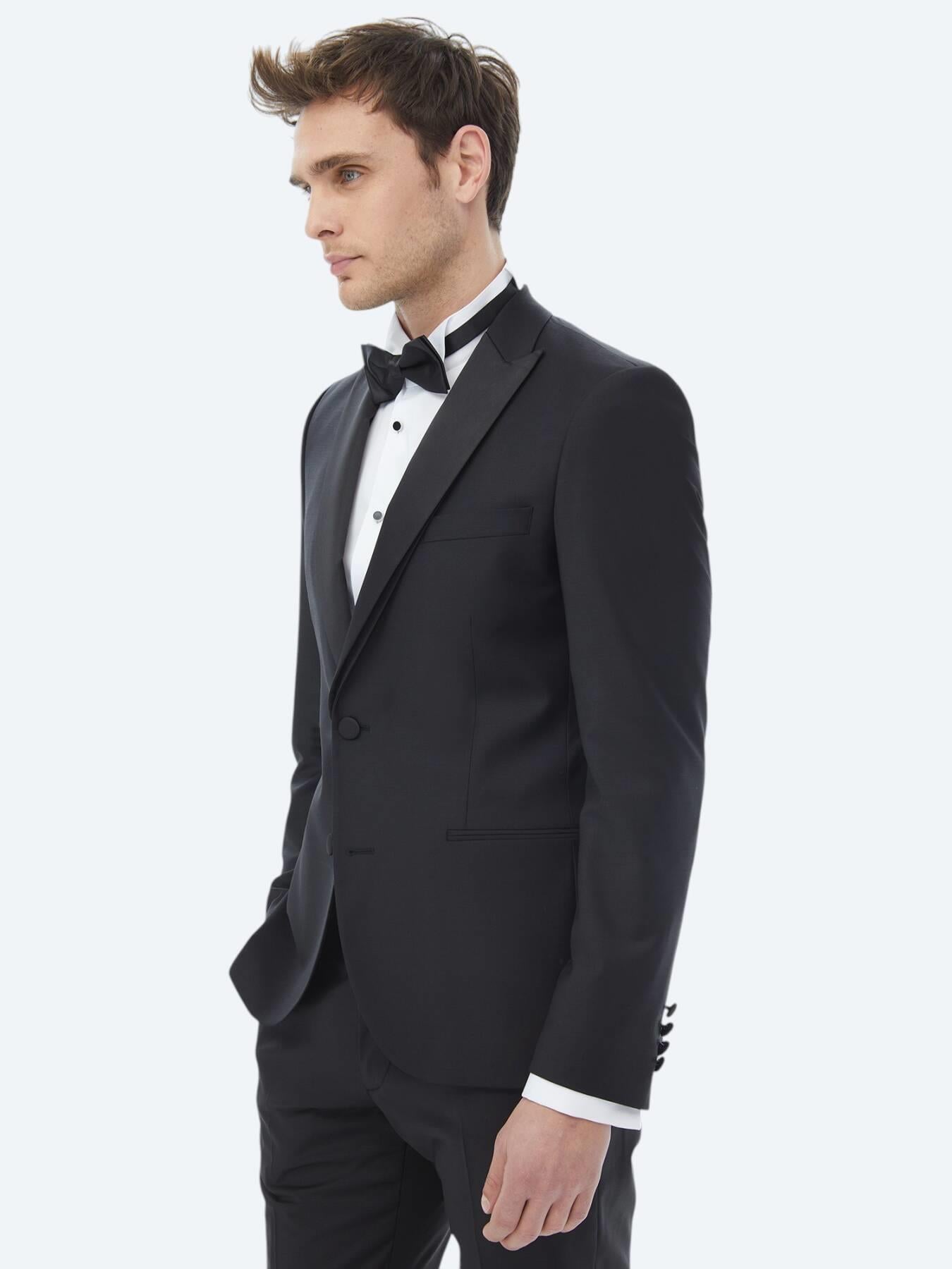 Siyah Düz Slim Fit Dokuma Smokin Takım Elbise