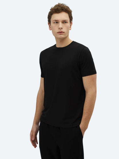 Siyah Bisiklet Yaka Pamuk Karışımlı T-shirt