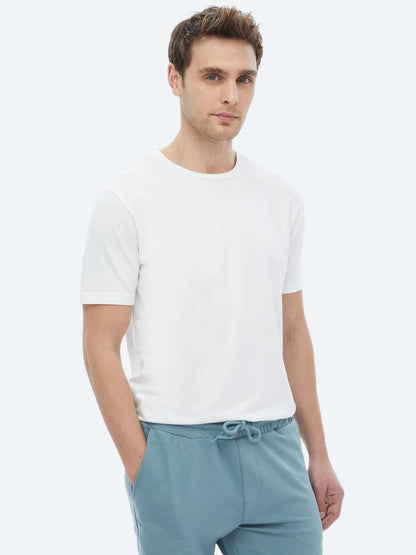 Beyaz Bisiklet Yaka Pamuk Karışımlı T-shirt