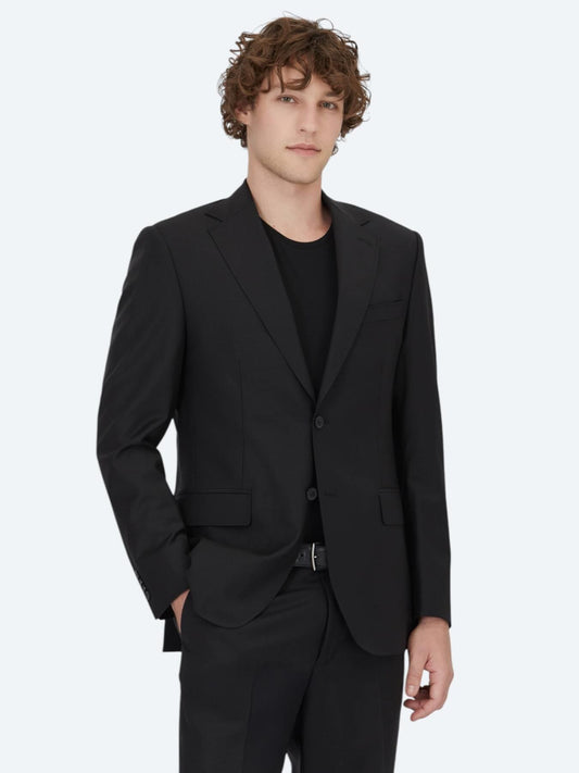 Siyah Düz Modern Fit Yün Karışımlı Takım Elbise