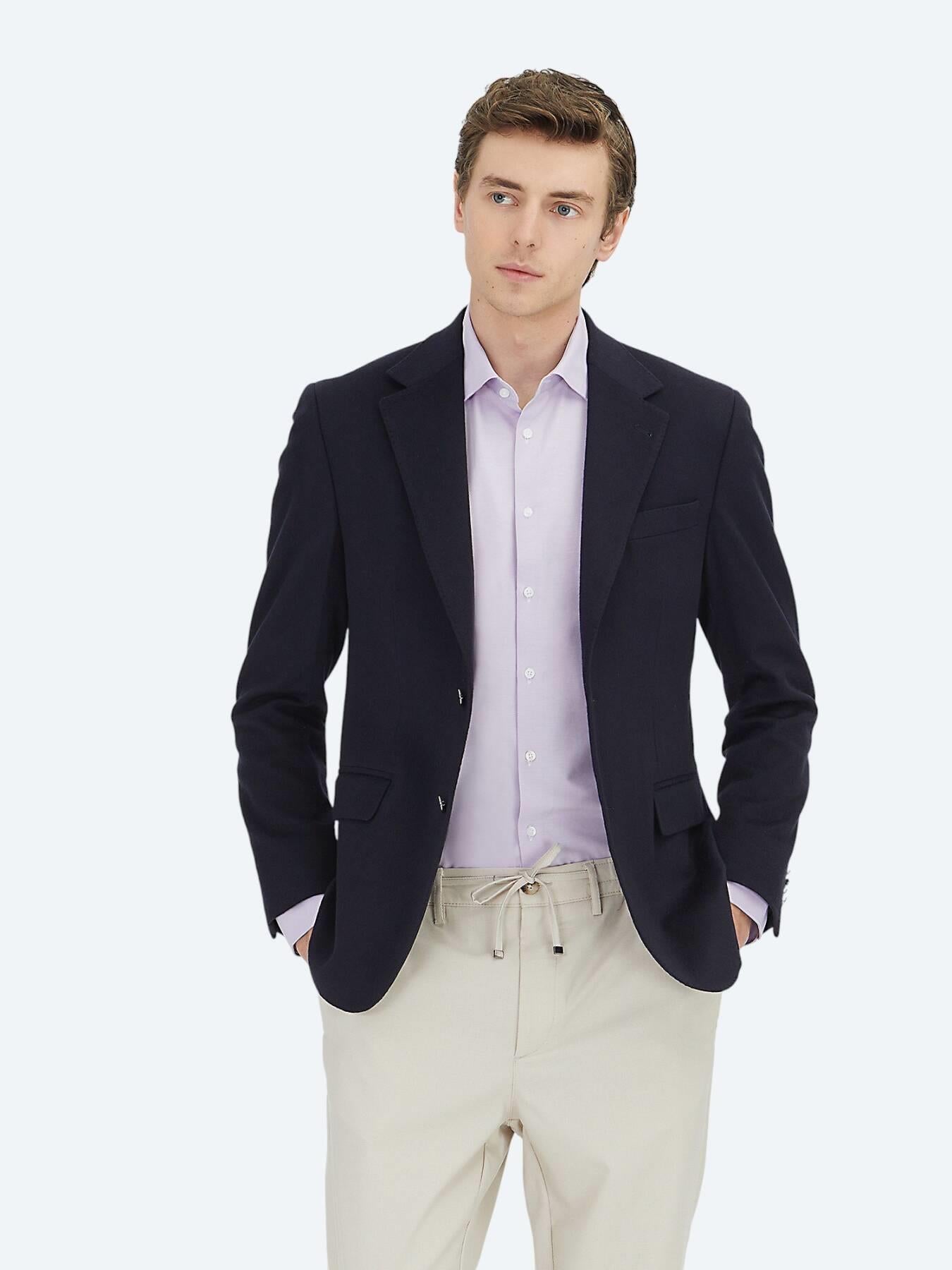 Lacivert Düz Modern Fit Yün Karışımlı Ceket