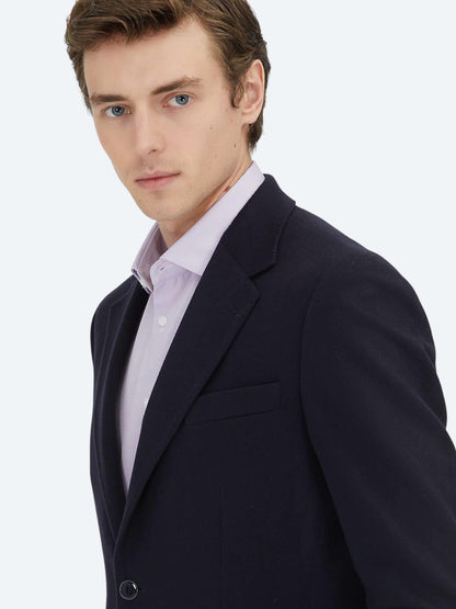 Lacivert Düz Modern Fit Yün Karışımlı Ceket