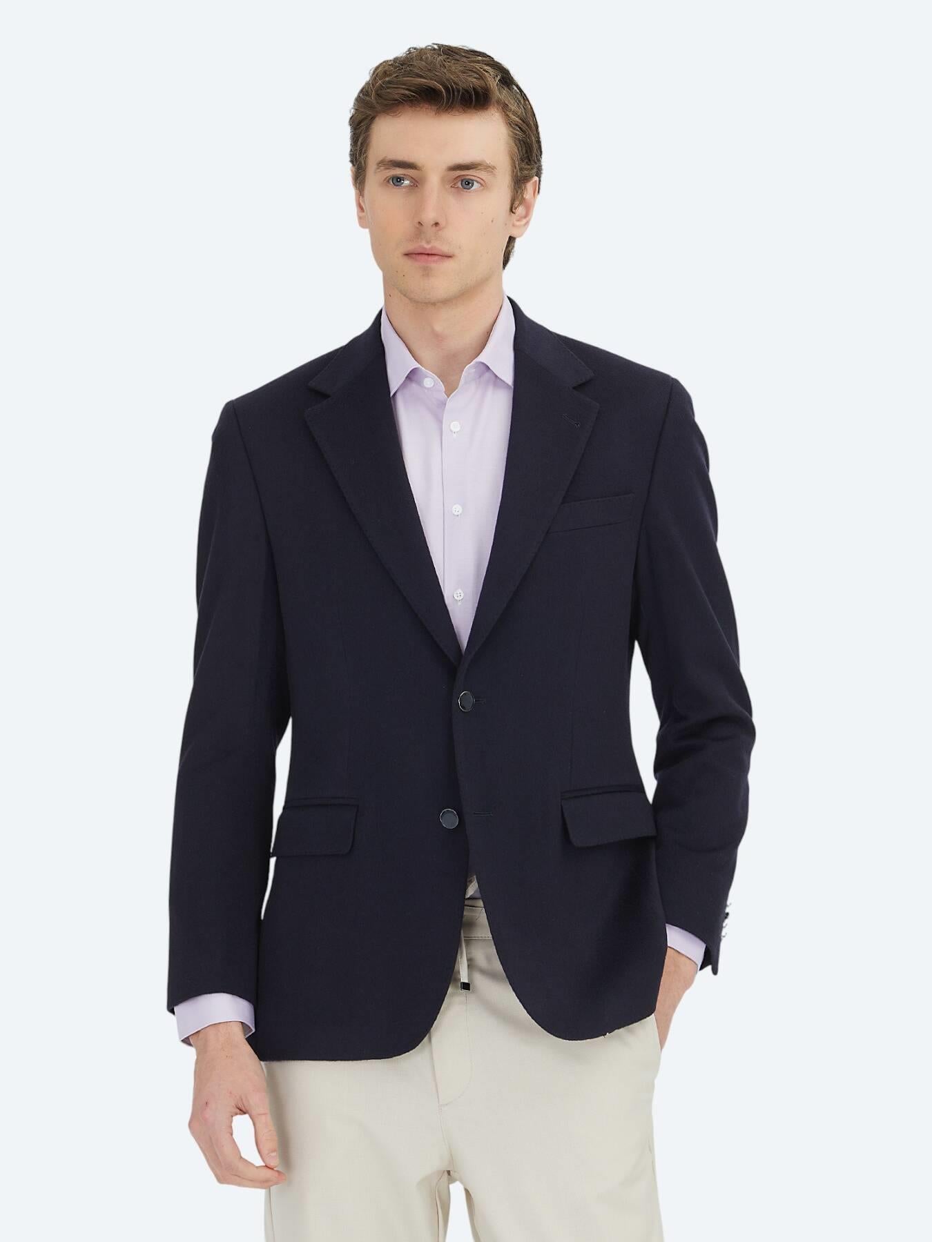 Lacivert Düz Modern Fit Yün Karışımlı Ceket