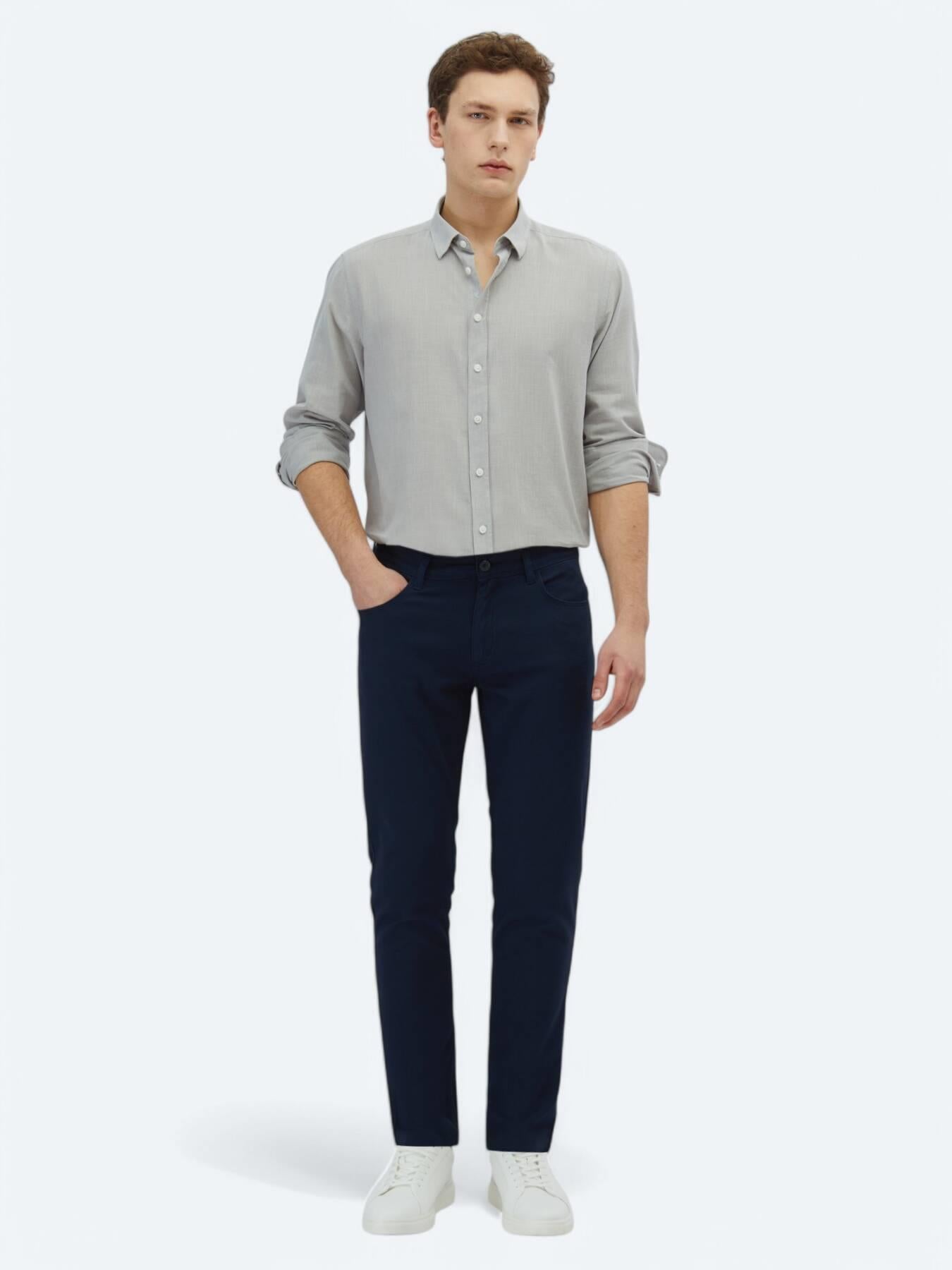 Lacivert Düz Dokuma Slim Fit Casual Pamuk Karışımlı Pantolon