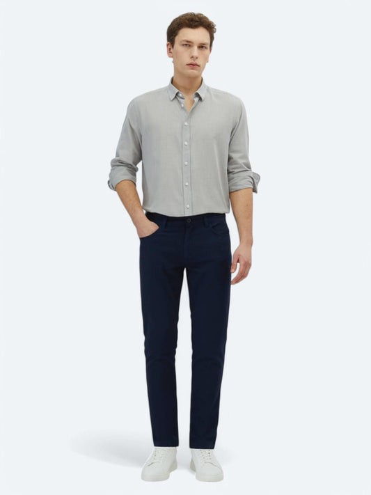 Lacivert Düz Dokuma Slim Fit Casual Pamuk Karışımlı Pantolon