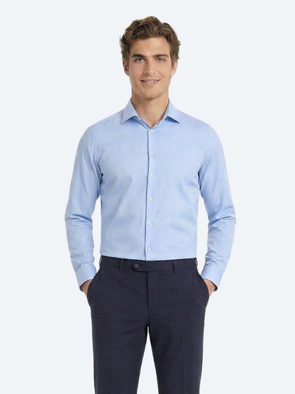 Mavi Düz Slim Fit Uzun Dokuma Klasik Pamuk Karışımlı Gömlek