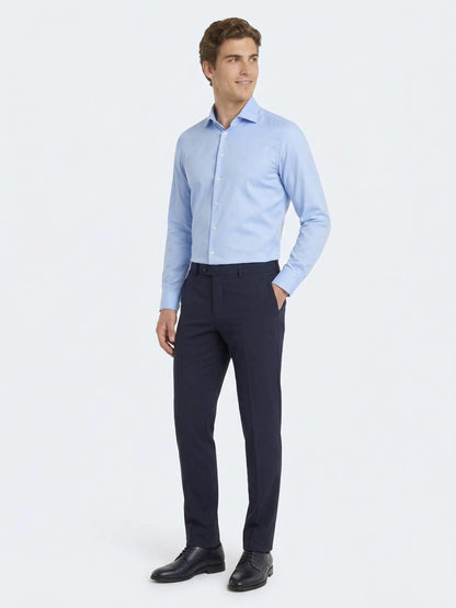 Mavi Düz Slim Fit Uzun Dokuma Klasik Pamuk Karışımlı Gömlek
