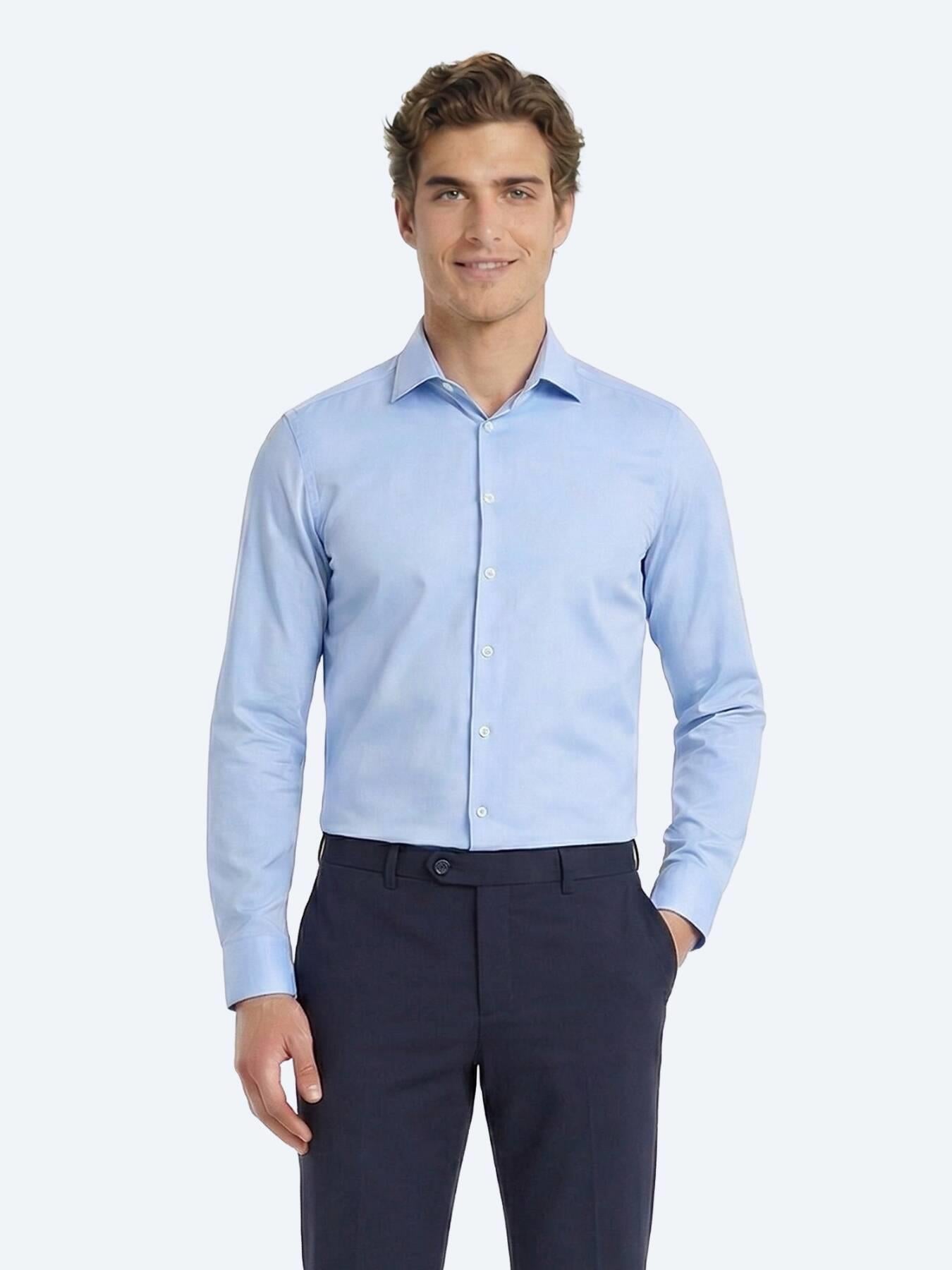Mavi Düz Slim Fit Uzun Dokuma Klasik Pamuk Karışımlı Gömlek