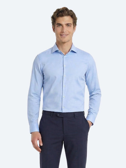 Mavi Düz Slim Fit Uzun Dokuma Klasik Pamuk Karışımlı Gömlek
