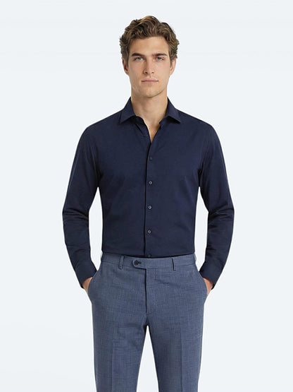 Lacivert Düz Slim Fit Uzun Dokuma Klasik Pamuk Karışımlı Gömlek