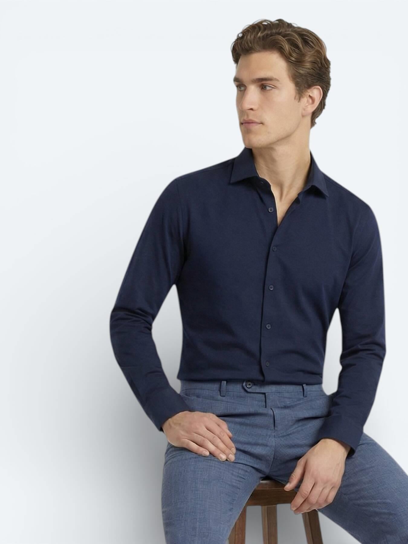 Lacivert Düz Slim Fit Uzun Dokuma Klasik Pamuk Karışımlı Gömlek