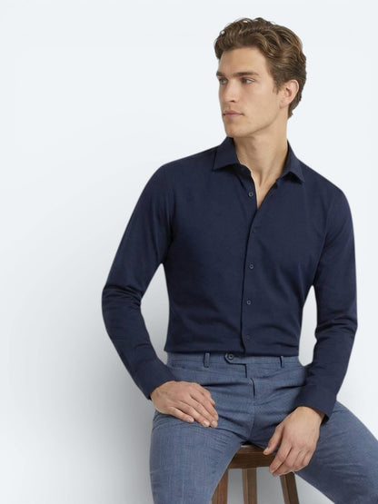 Lacivert Düz Slim Fit Uzun Dokuma Klasik Pamuk Karışımlı Gömlek