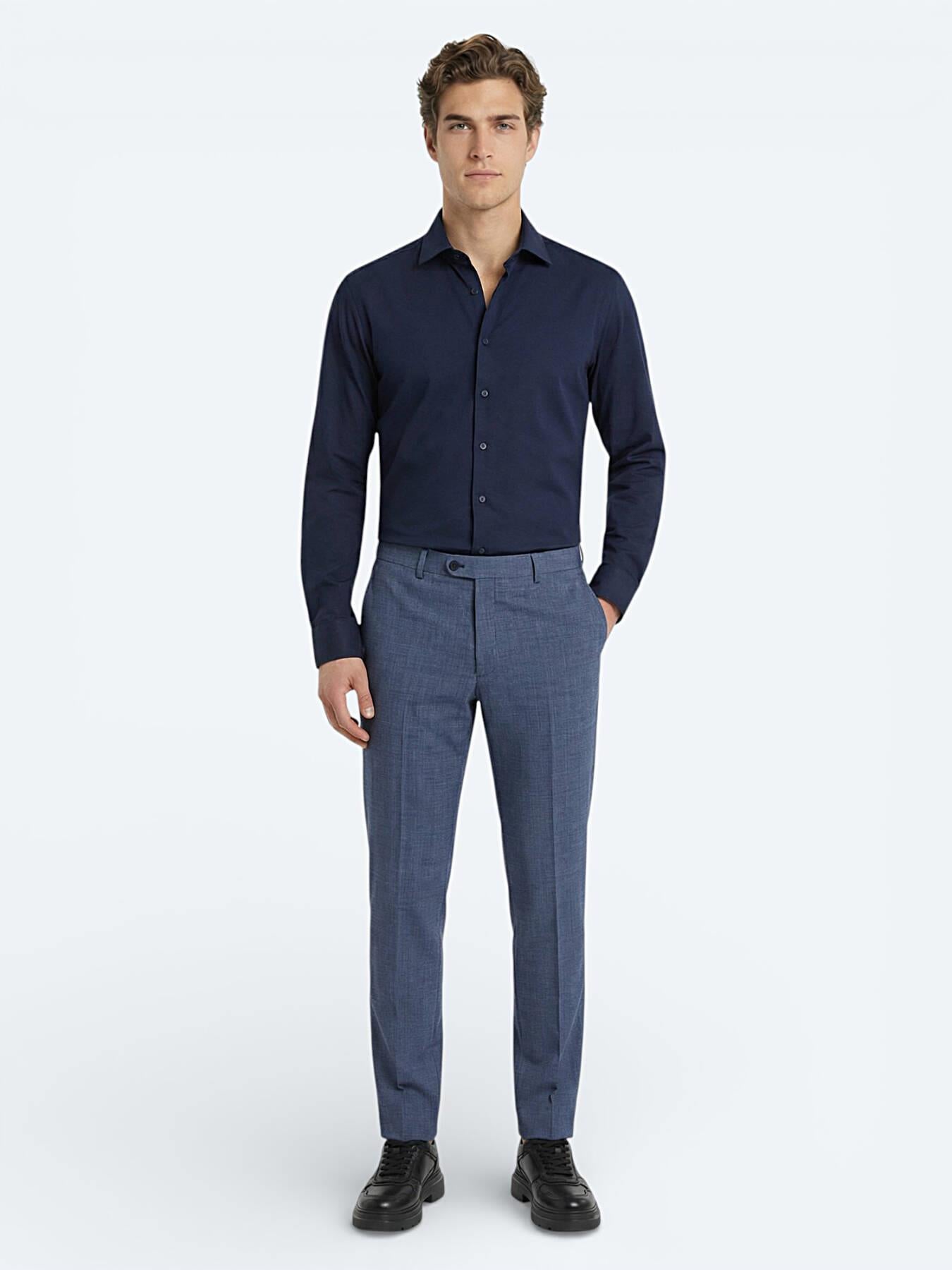 Lacivert Düz Slim Fit Uzun Dokuma Klasik Pamuk Karışımlı Gömlek