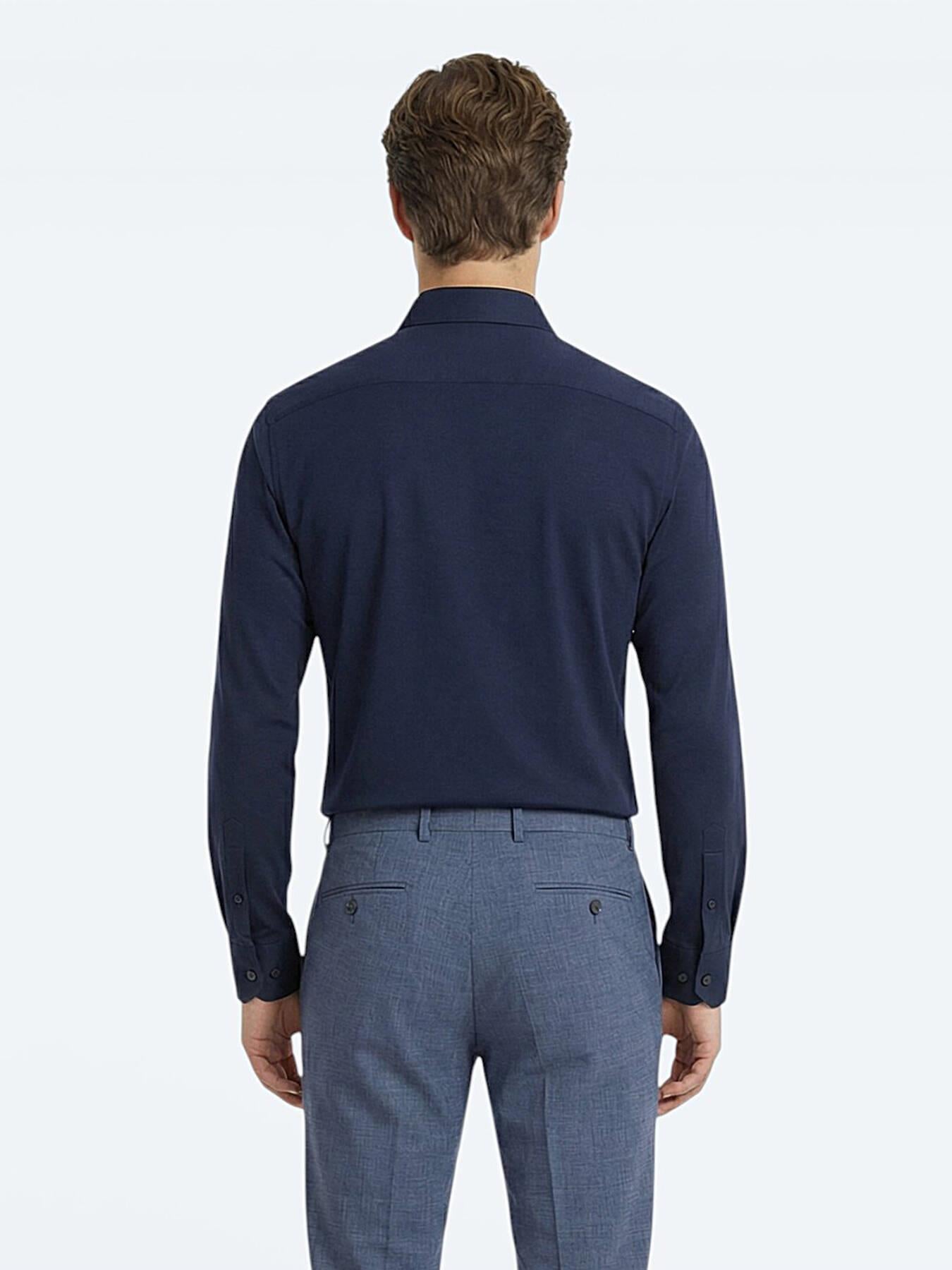 Lacivert Düz Slim Fit Uzun Dokuma Klasik Pamuk Karışımlı Gömlek