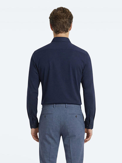 Lacivert Düz Slim Fit Uzun Dokuma Klasik Pamuk Karışımlı Gömlek