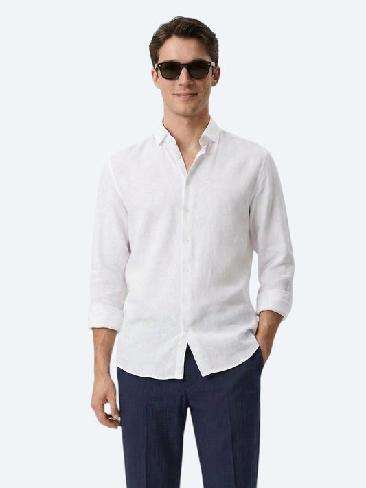 Beyaz Düz Regular Fit Uzun Dokuma Casual Pamuk Karışımlı Gömlek