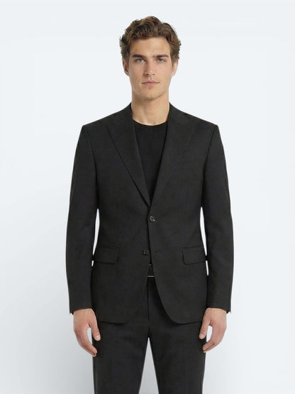 Siyah Düz Modern Fit Yün Karışımlı Takım Elbise