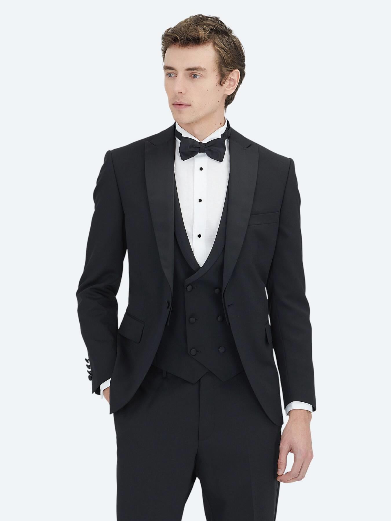 Siyah Düz Slim Fit Dokuma Yelekli Smokin Takım Elbise
