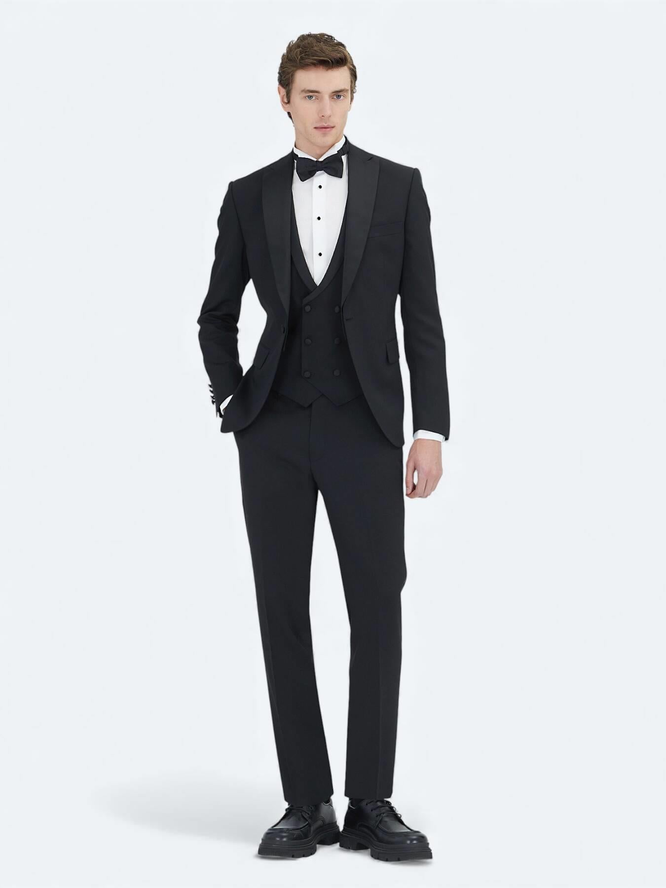 Siyah Düz Slim Fit Dokuma Yelekli Smokin Takım Elbise