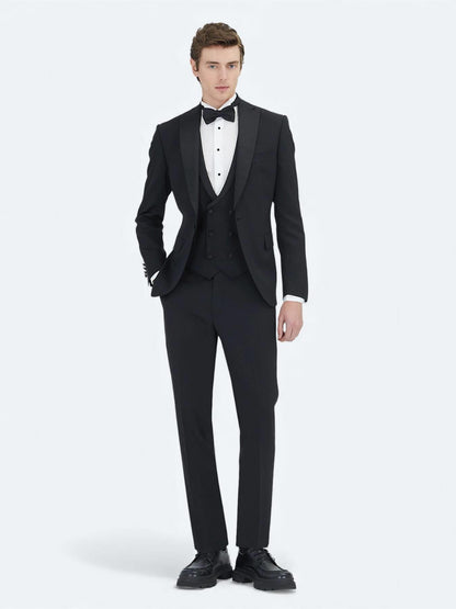 Siyah Düz Slim Fit Dokuma Yelekli Smokin Takım Elbise