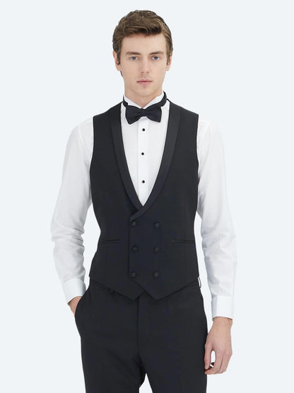 Siyah Düz Slim Fit Dokuma Yelekli Smokin Takım Elbise