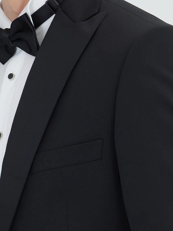 Siyah Düz Slim Fit Dokuma Yelekli Smokin Takım Elbise