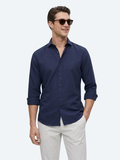 Lacivert Düz Regular Fit Uzun Dokuma Casual Pamuk Karışımlı Gömlek
