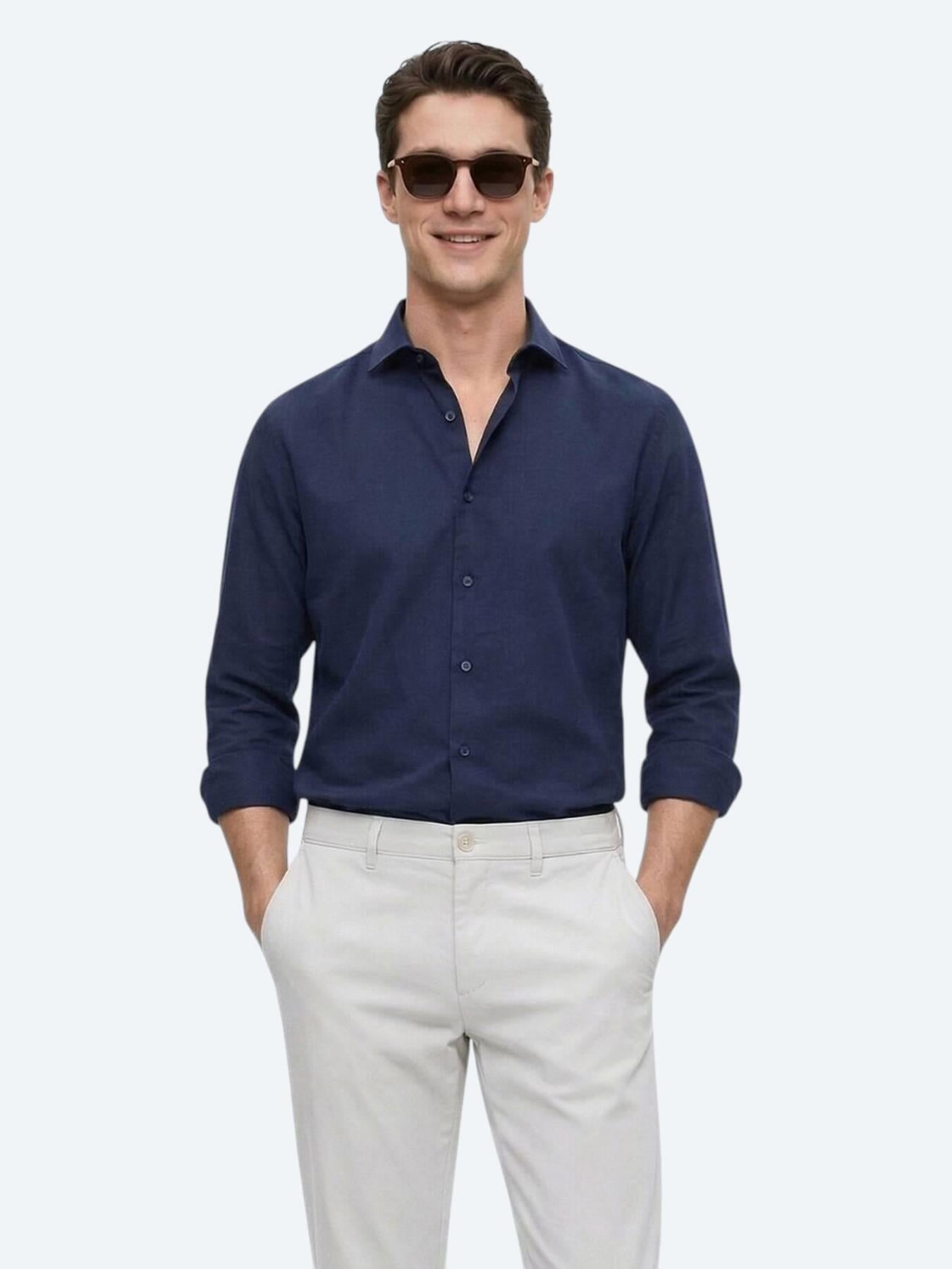 Lacivert Düz Regular Fit Uzun Dokuma Casual Pamuk Karışımlı Gömlek