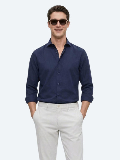 Lacivert Düz Regular Fit Uzun Dokuma Casual Pamuk Karışımlı Gömlek